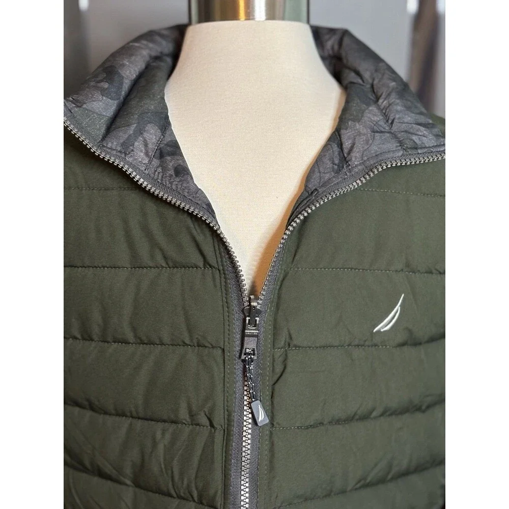 New Nautica Men’s Reversible Quilted Puffer Jacket Hunter Green / Camo Sz Large